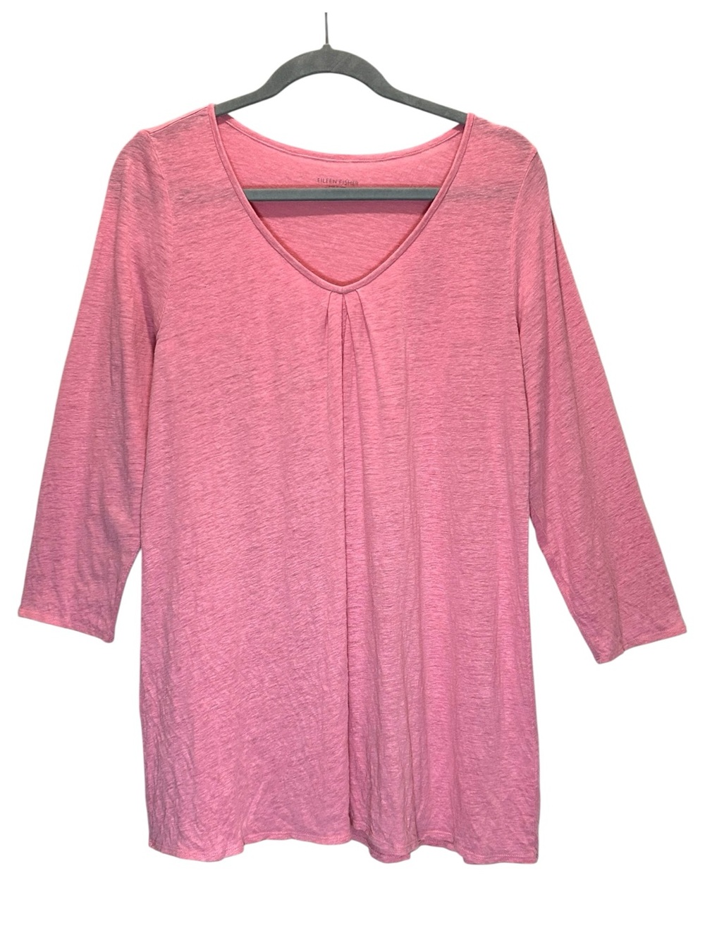 Eileen Fisher Pink Linen Knit Jersey V-Neck Pullover Top w/ 3/4 Sleeves - Large